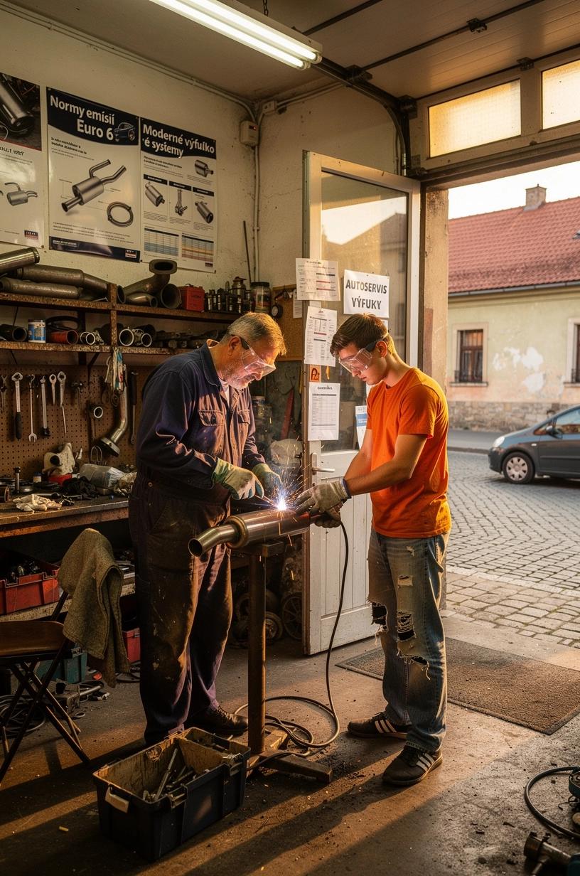 Mechanik opravuje výfukový systém vozidla v servisnej dielni, zameranej na tlmiče a emisné komponenty.