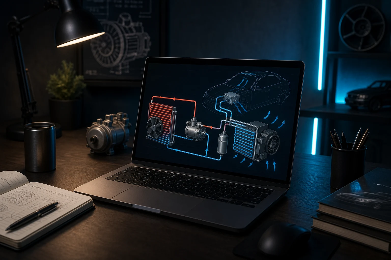 Redakteur am Laptop mit HVAC-Lernschema